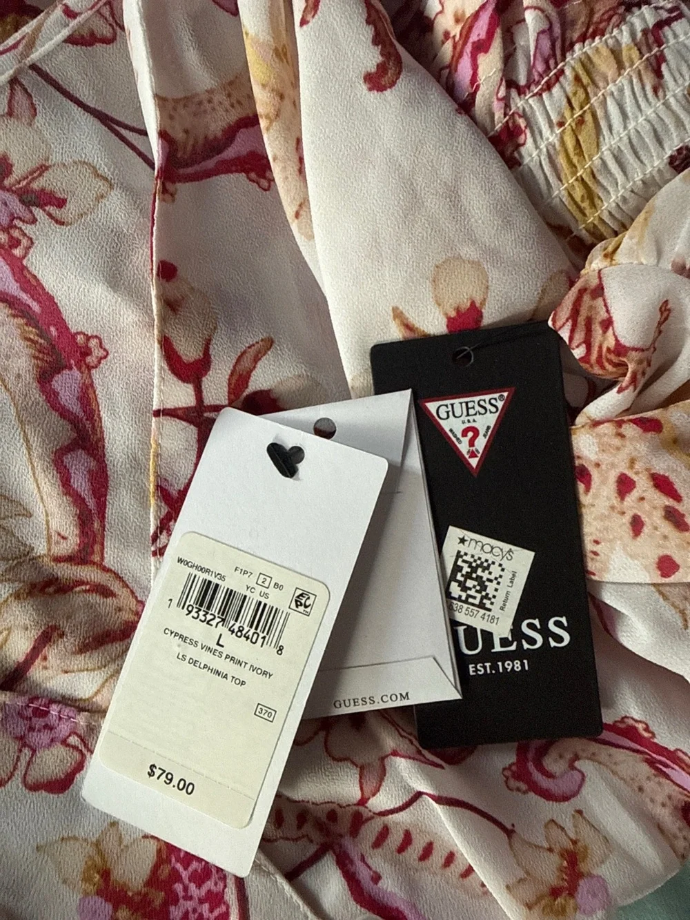 NWT! Women's Guess Floral Cream and Pink top, size large